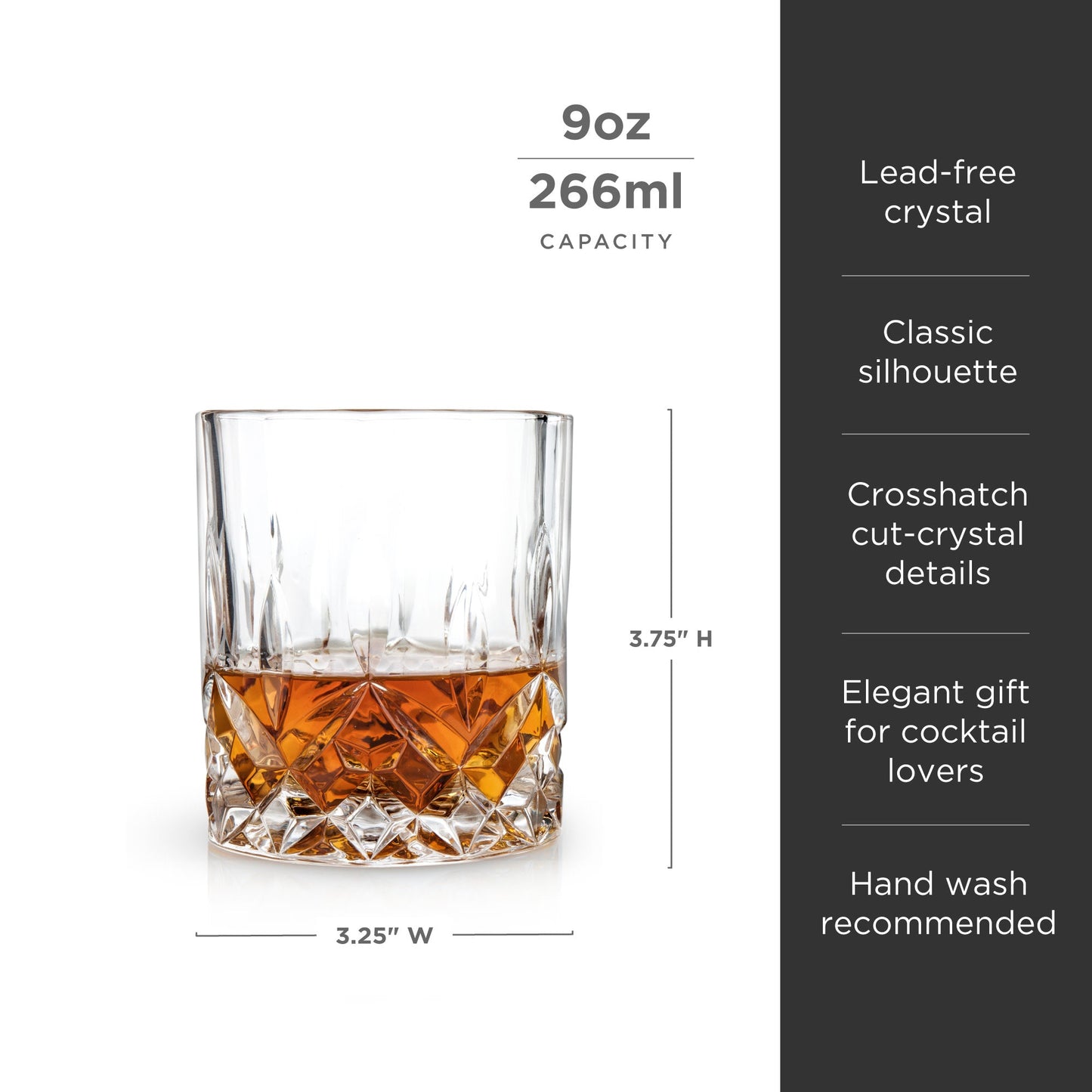 Glass with cocktail and product details on a white background