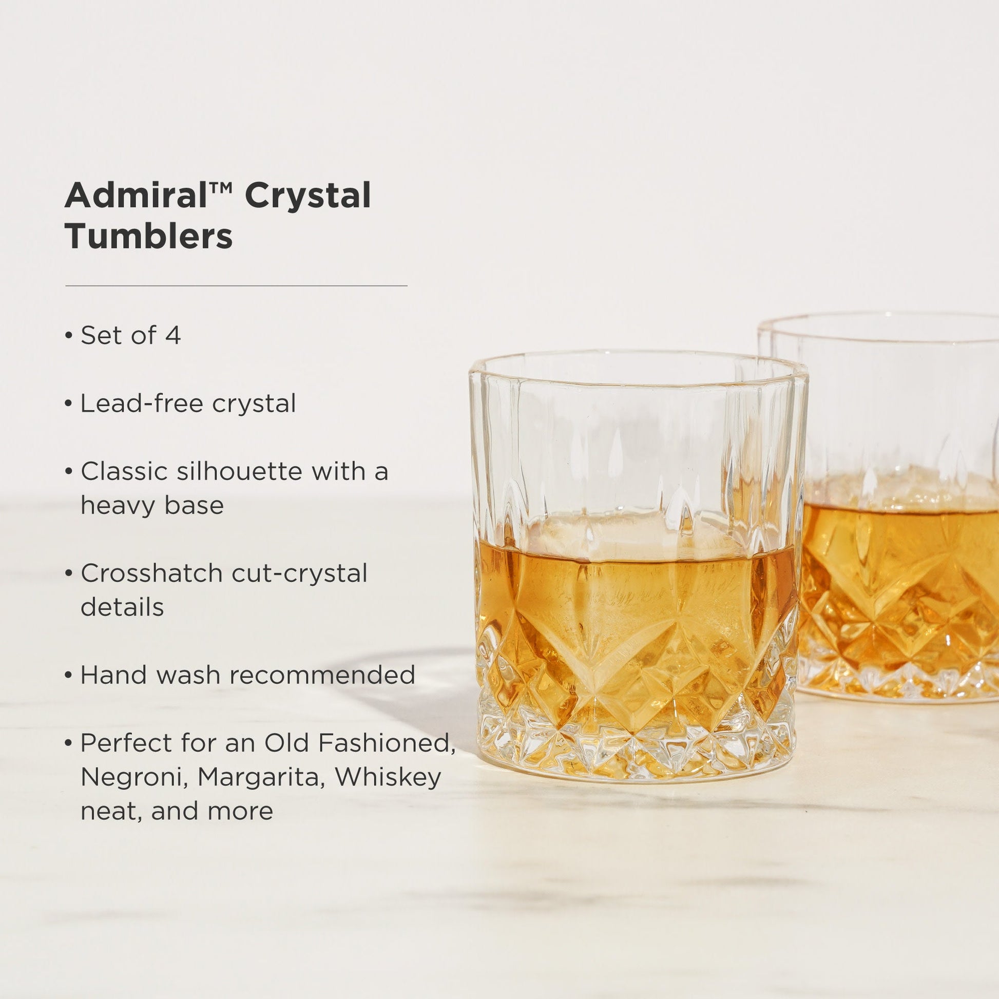 Two Admiral Crystal Tumblers filled with a drink on a light background, with product details listed.